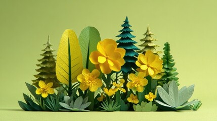 Vibrant Paper Flowers and Trees Arrangement on Soft Green Background