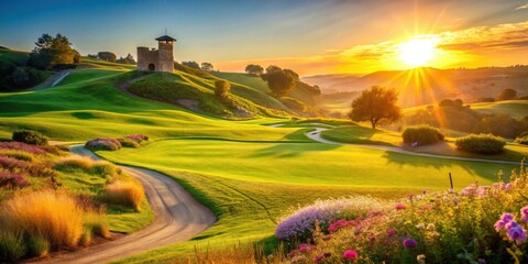 Obraz premium Serene Sunrise over Rolling Green Hills and Stone Tower on a Picturesque Golf Course Pathway