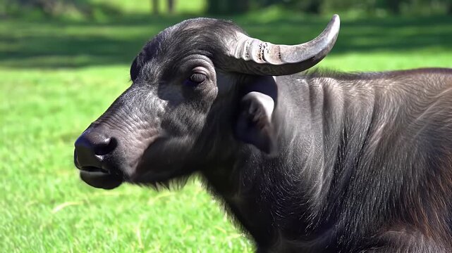 Serene Young Water Buffalo with Developing Horns Standing Calmly in a Vibrant Green Meadow on a Bright Sunny Day, Side Profile Close-up