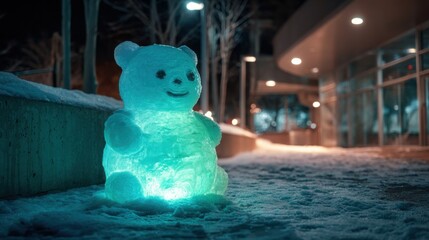 Adorable illuminated bear-shaped snow sculpture in winter night setting