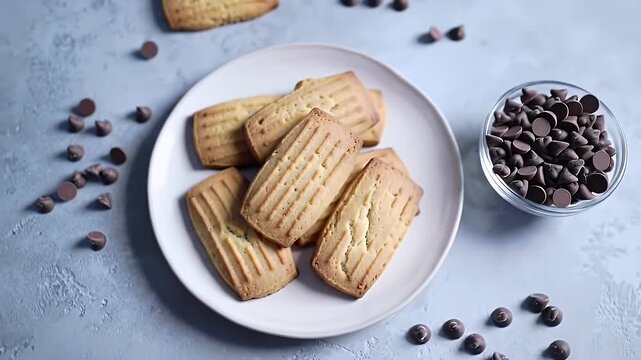 Rectangular Cookies on White Plate with Chocolate Chips on Textured Gray Background