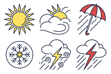 Set of weather icons including sun, clouds, rain, snow, and lightning