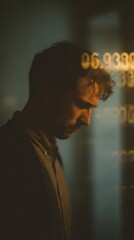 Man in Profile with Soft Lighting and Numeric Reflections on Wall