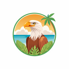 Majestic bald eagle portrait in tropical paradise setting featuring palm trees and ocean