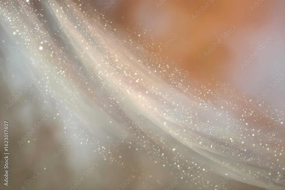 Poster abstract illustration featuring flowing waves of light and shimmering particles, creating a dreamy a