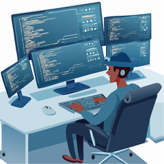 A focused programmer wearing headphones and a hat sits at a desk with multiple monitors displaying code, engrossed in their work on a computer.