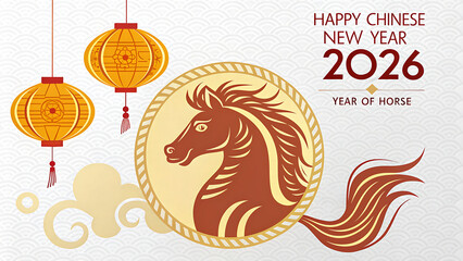 The year 2026 is celebrated with a chinese new year design featuring a horse, lanterns, and traditional patterns on a light background, symbolizing the year of the horse