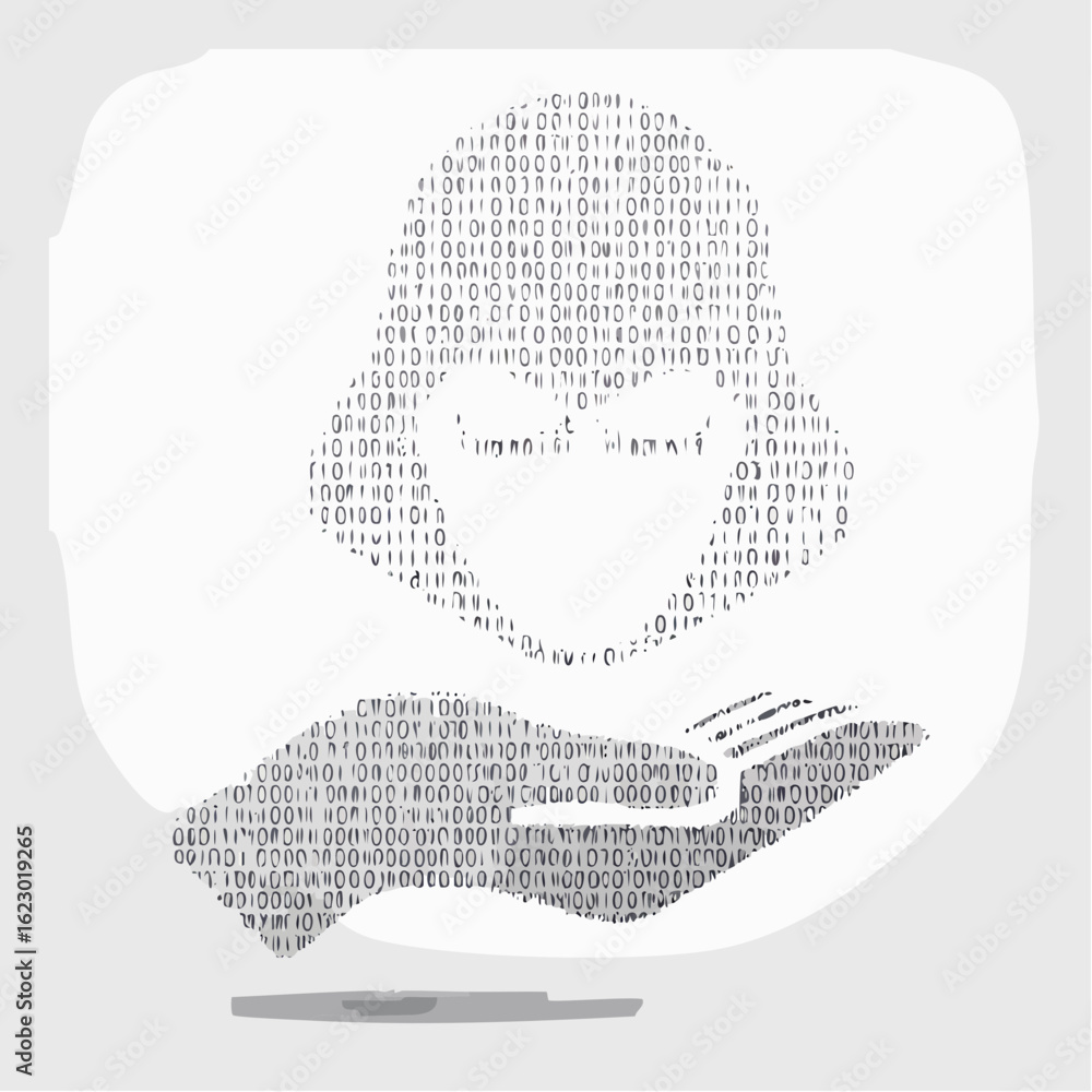 Poster abstract digital art of a person's head made of binary code holding a book, symbolizing knowledge an
