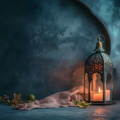 Ornate lantern with a lit candle on a table with a cloth and fruit in a dark moody setting