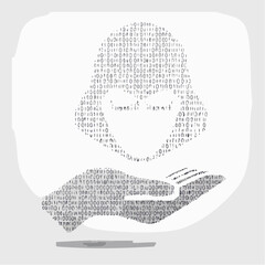 Abstract digital art of a person's head made of binary code holding a book, symbolizing knowledge and technology