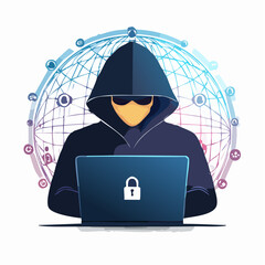 Anonymous hacker in a hoodie operating a laptop with a glowing globe network of social media icons and data connections in the background
