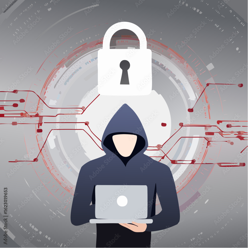 Poster anonymous hacker in a hood with a laptop under a digital padlock and glowing circuit board lines sym