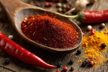 Red chili powder in wooden spoon with peppers and spices on rustic table