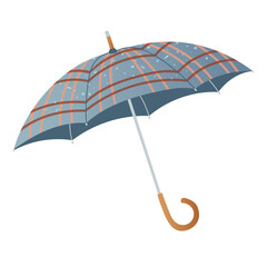 Stylish checkered umbrella in warm autumn colors Textured fabric and curved handle Cozy seasonal accessory for rainy weather, outdoor walks and fall design project Vector parasol illustration isolated
