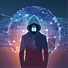 Anonymous hacker in a hoodie with a glowing lock symbol in front of a digital globe network representing cybersecurity and internet security concepts
