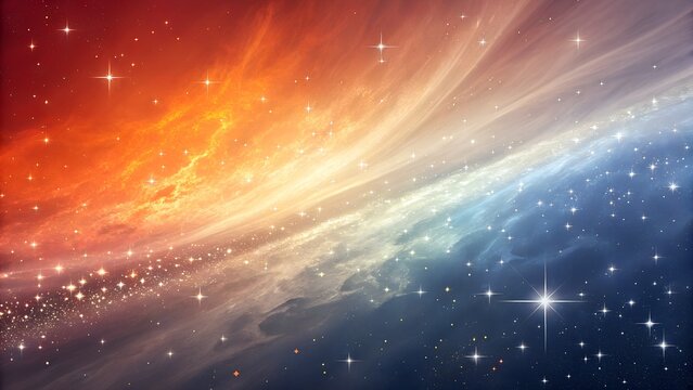 A vibrant cosmic nebula with sparkling stars flows in a stunning gradient from fiery red to cool blue, creating an ethereal and abstract space background. - Powered by Adobe