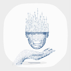 Artistic illustration of a human head formed from binary code held within an open hand symbolizing data protection and artificial intelligence