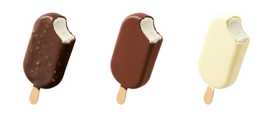 Chocolate glazed vanilla ice cream bar on stick transparent PNG cutout set bundle, isolated background. Almond nuts, dark, milk and white chocolate flavor cue