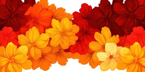 Floral background with orange red yellow flowers in seamless border arrangement. Decorative botanical bloom pattern for seasonal greeting invitation design
