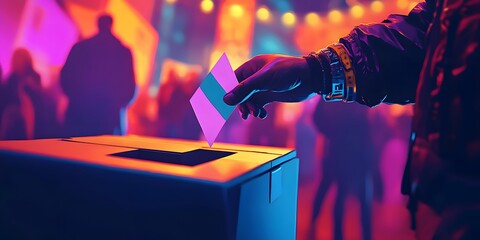 A person dropping a pink and blue ballot into a box in a crowded and colorful room setting at night