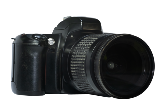 Black DSLR Camera with Lens Isolated on transparent Background.