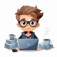 Cartoon boy with glasses and messy hair working on a laptop with coffee and stacks of paper, representing a modern digital lifestyle and learning.