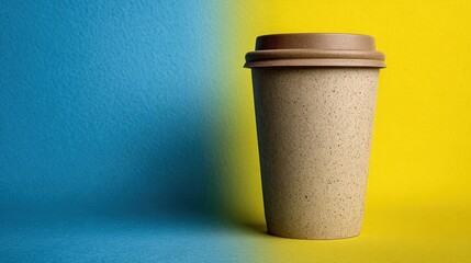 Brown Paper Coffee Cup Against Blue and Yellow Background