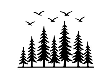 Obraz premium Forest and Birds Silhouette Vector - Nature and Pine Trees Landscape