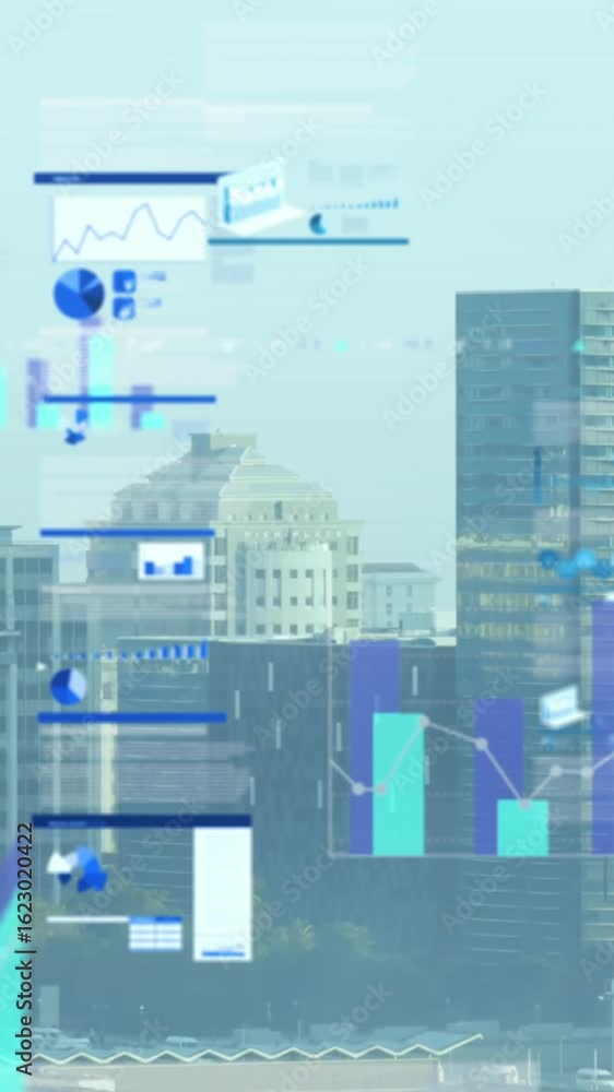Poster animation of multiple graphs and trading board over modern buildings against sky