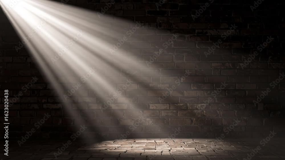 Poster dramatic spotlight illuminating brown brick wall and floor creating an empty stage space with dark b