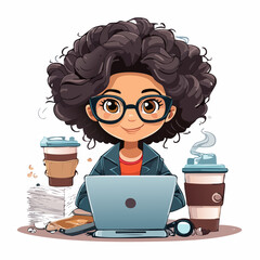 Cheerful young woman with curly hair wearing glasses happily working on a laptop surrounded by coffee cups and papers representing productivity and modern work culture