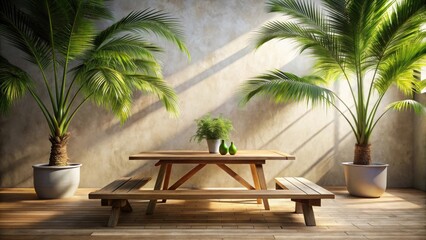 Fototapeta premium Serene Patio Setting with Wooden Table and Benches Flanked by Lush Tropical Plants in Large Pots, Bathed in Warm Sunlight