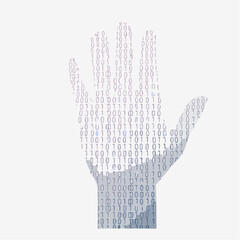 Digital hand formed from binary code representing technology and data in a futuristic concept of artificial intelligence and digital transformation