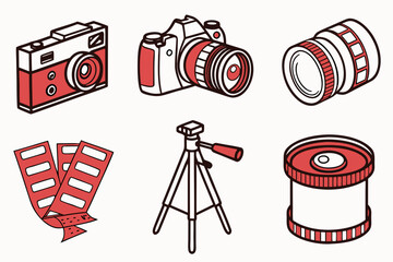 Collection of vintage camera equipment and accessories isolated on white background