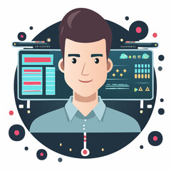 Digital Professional Developer or Programmer Working on a Futuristic Computer Interface with Data Visualization and Coding Elements