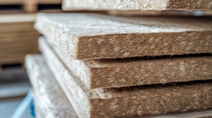 Stack of hemp insulation panels in warehouse.