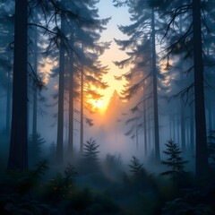 A Serene Sunrise in the Misty Forest.