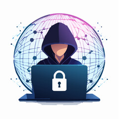Hacker in a hoodie working on a laptop with a digital globe and network connections symbolizing cybersecurity and data protection