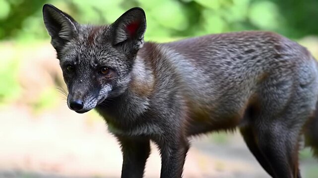 Striking Silver Fox with Rich Dark Fur and Subtle Silver Tones Standing Alert in a Lush Green Forest Environment