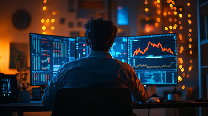 A man engages with his desktop gaming setup, focusing on stock market data in a dimly lit space
