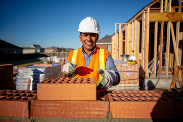Mason building a brick wall. A happy hispanic construction worker in a hard hat and safety vest lays bricks at a new home construction site.