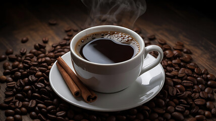 Fototapeta premium Steaming cup of hot black coffee with cinnamon sticks surrounded by roasted coffee beans on a wooden surface