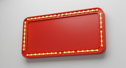 Red Marquee Sign with Bright Light Bulbs, Angled Perspective on White Wall