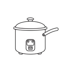 A simple black and white line art illustration of an electric rice cooker with a lid and handle.