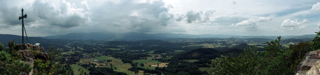 Panoramic view of Śnieżka Mountain from Sokolik Duży Mountain. Karkonosze Mountains, Poland