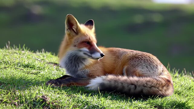 Resting Fox with Orange Fur on Green Grassy Hillside Nature Portrait