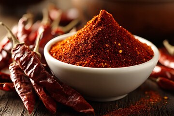 Chili Powder in White Bowl with Dried Chili Peppers on Rustic Wooden Table