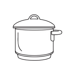 A simple black and white line art illustration of a lidded cooking pot with a single handle.