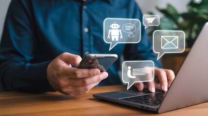 Man using smartphone and laptop with communication icons floating above representing digital connection and online messaging services