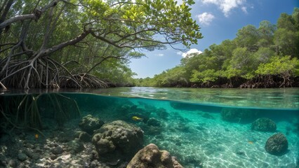 Vibrant green mangrove trees with aerial roots appear above the surface, revealing crystal clear turquoise water below, showcasing sandy seabed and coral.